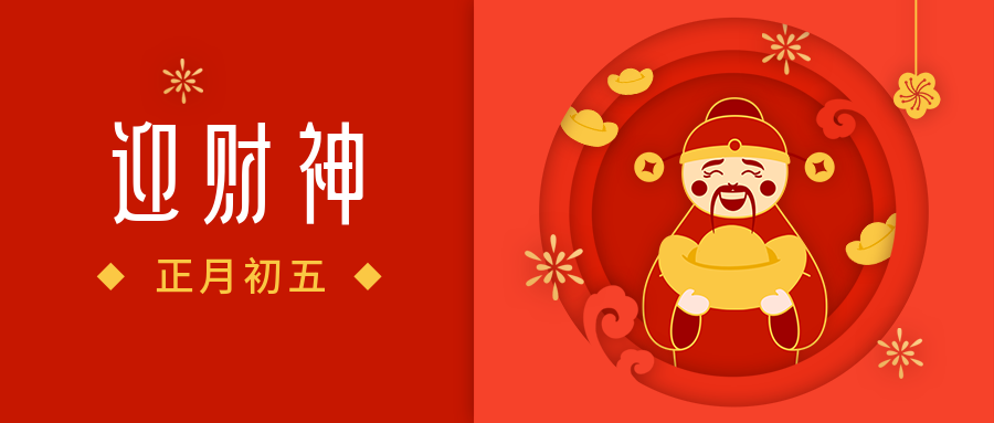 春节大年初五迎财神年俗剪纸风公众号首图