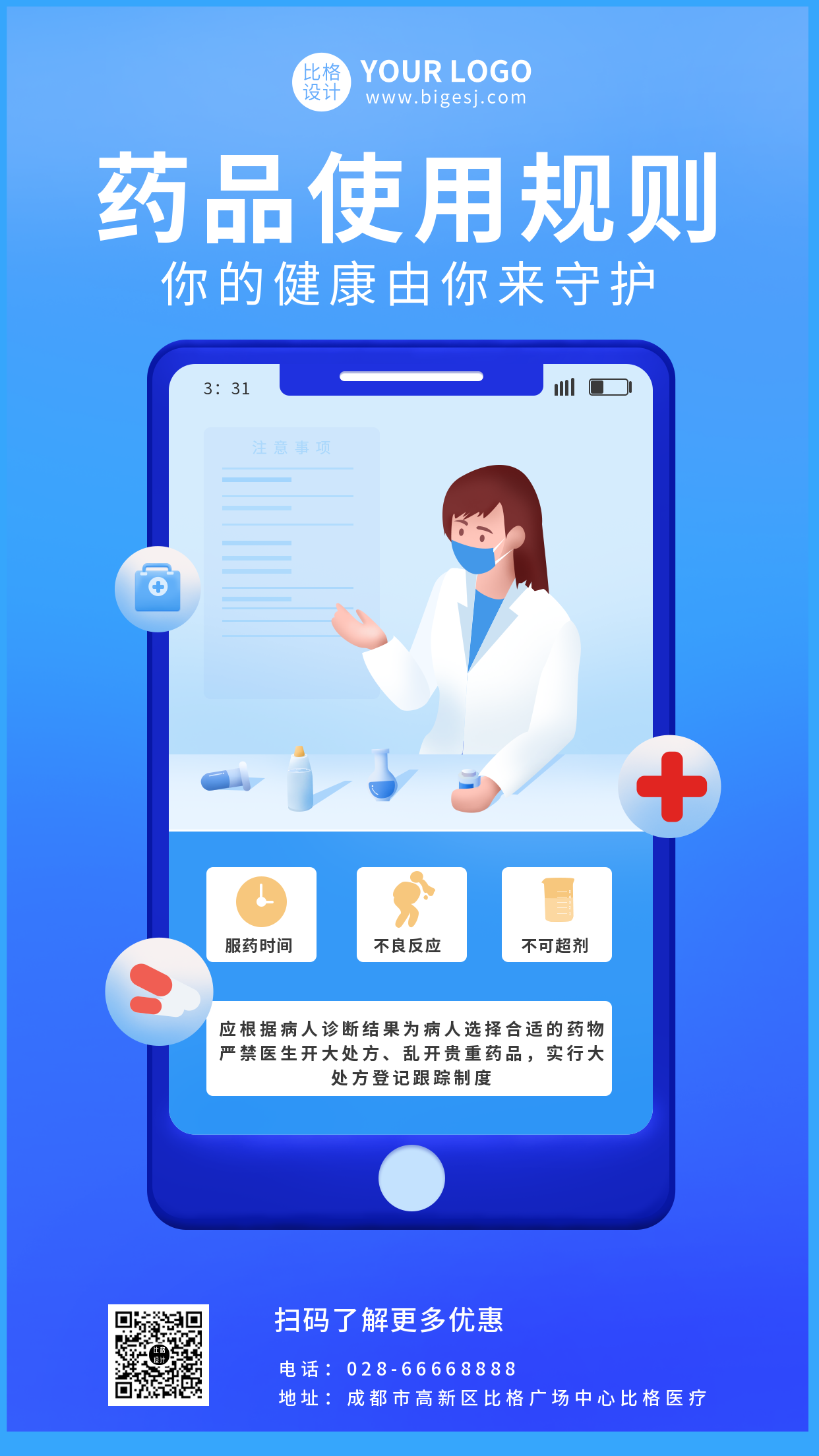 蓝色医疗健康药品使用科普手机海报