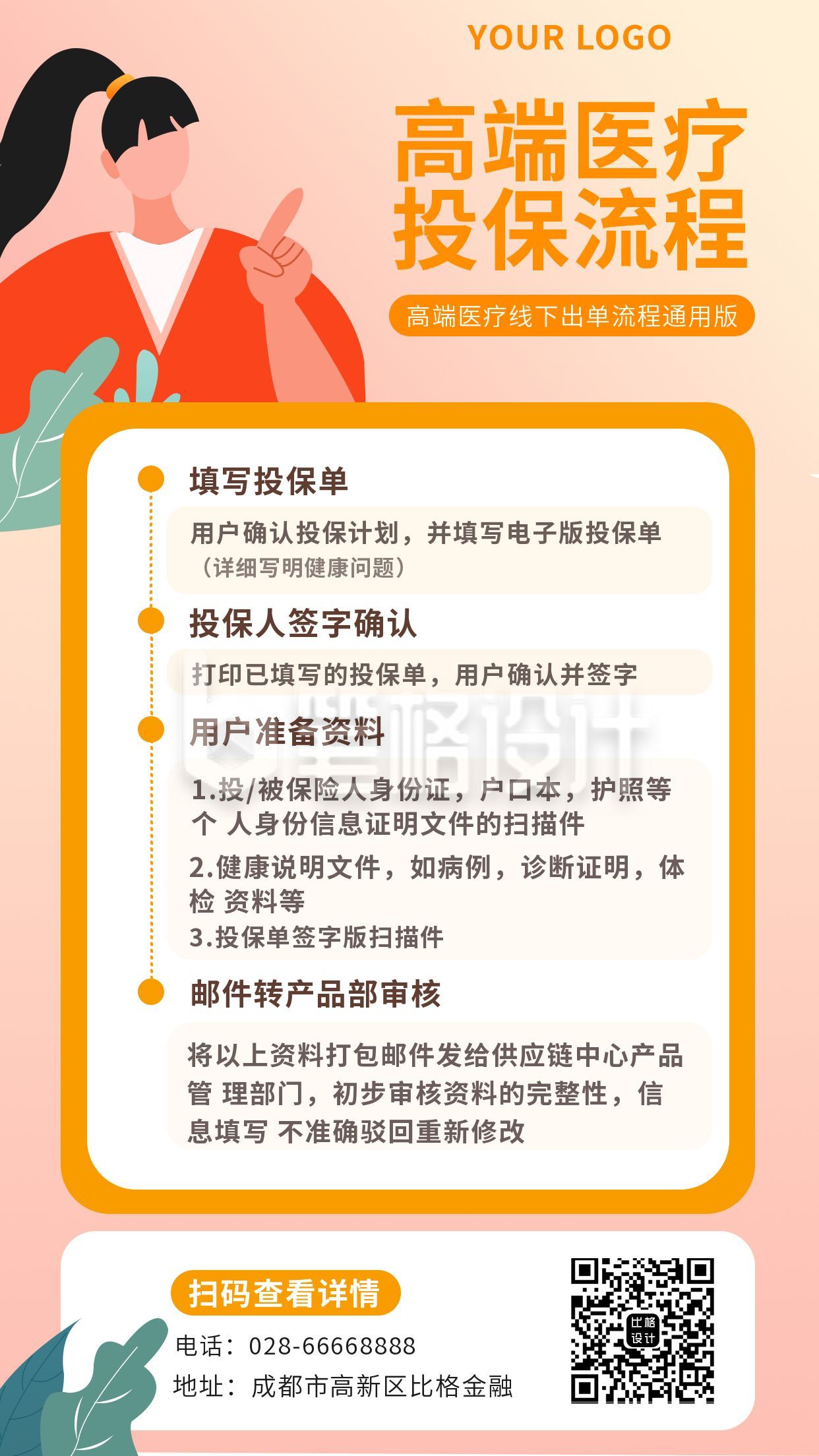 手绘健康医疗保险投保手机海报