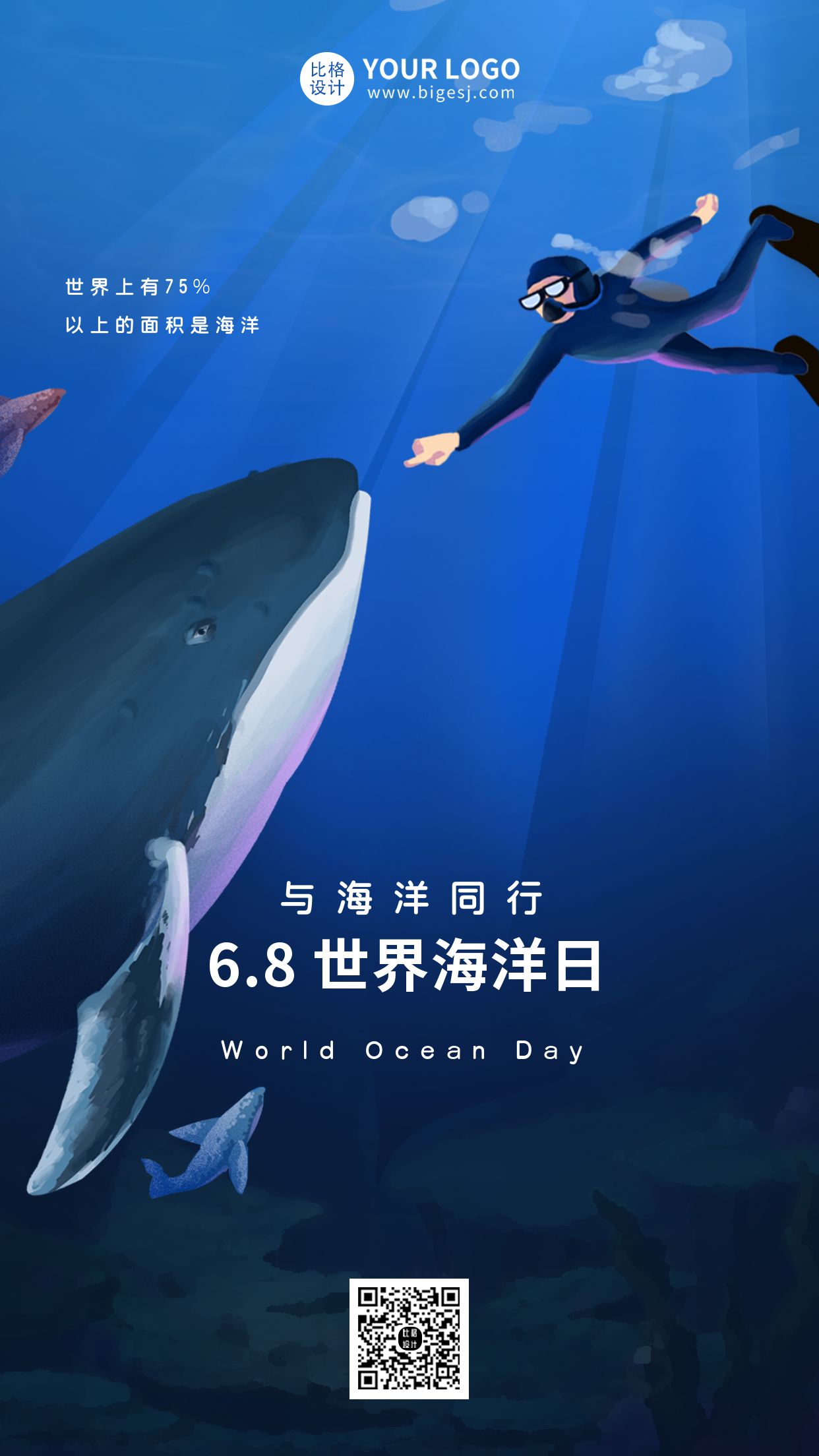蓝色世界海洋日宣传手机海报