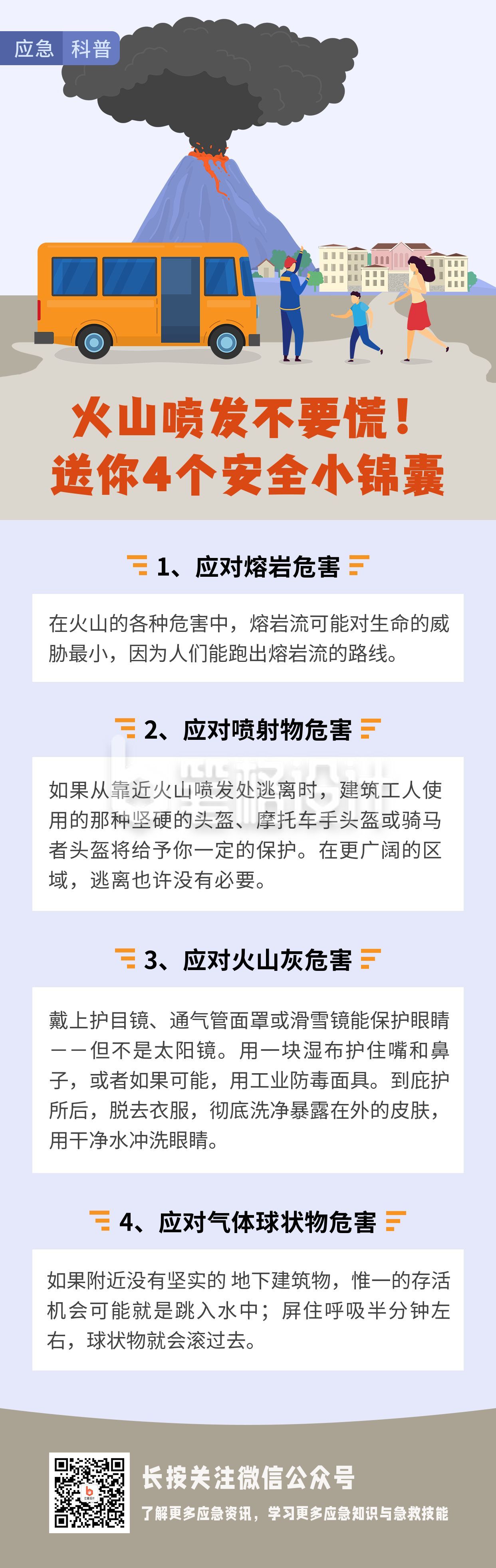 紫色扁平手绘自然灾害地质灾害火山喷发应急科普长图海报