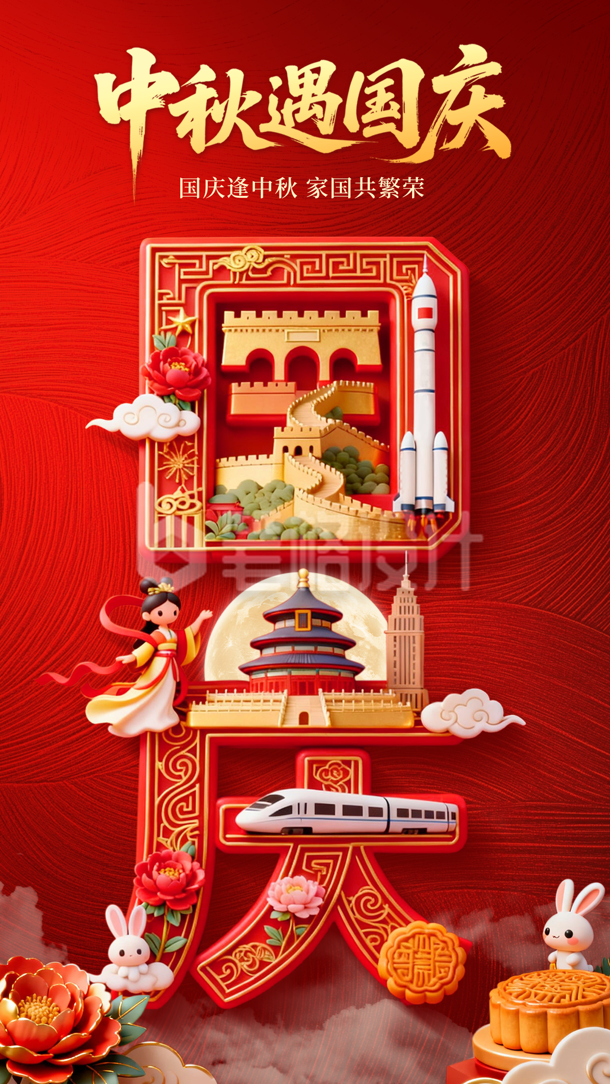 中秋国庆创意3D祝福海报