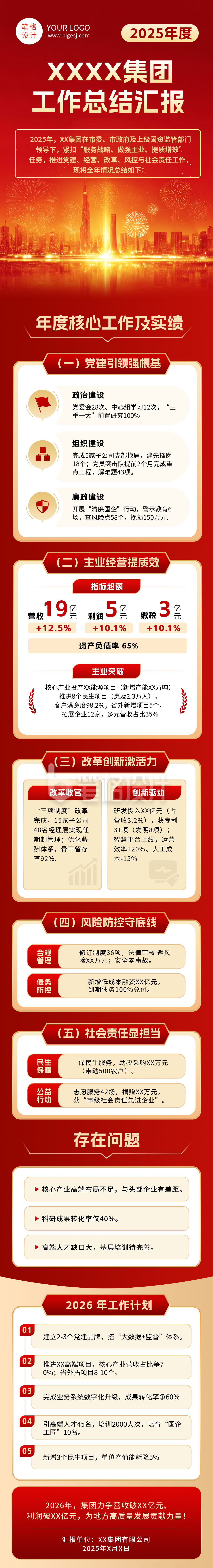 集团工作总结汇报党政红色简约公众号长图