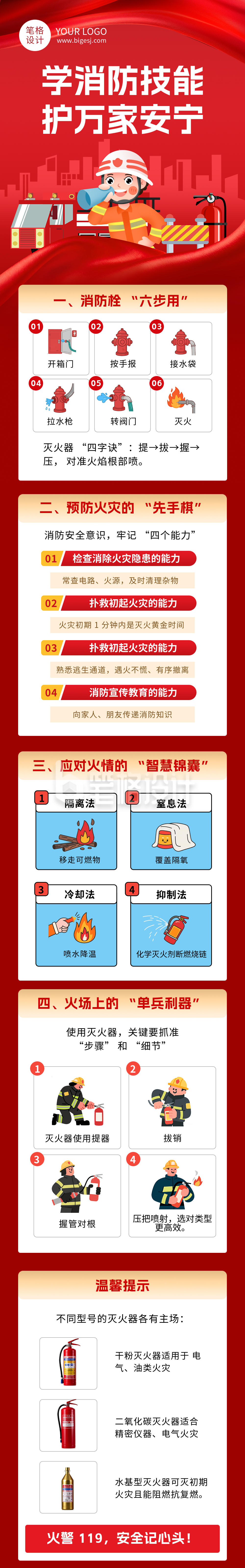 119消防活动知识科普红色简约公众号长图