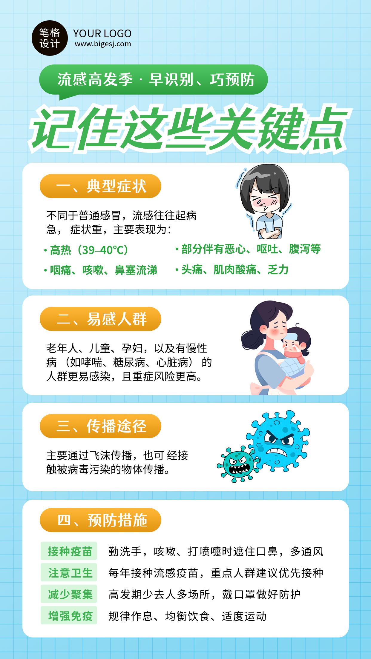 蓝色卡通风预防流感宣传海报