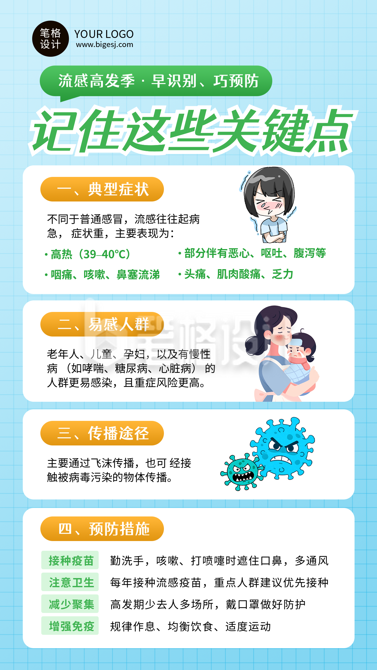 蓝色卡通风预防流感宣传海报