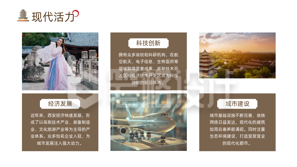 旅游宣传棕色古城西安图文排版PPT单页