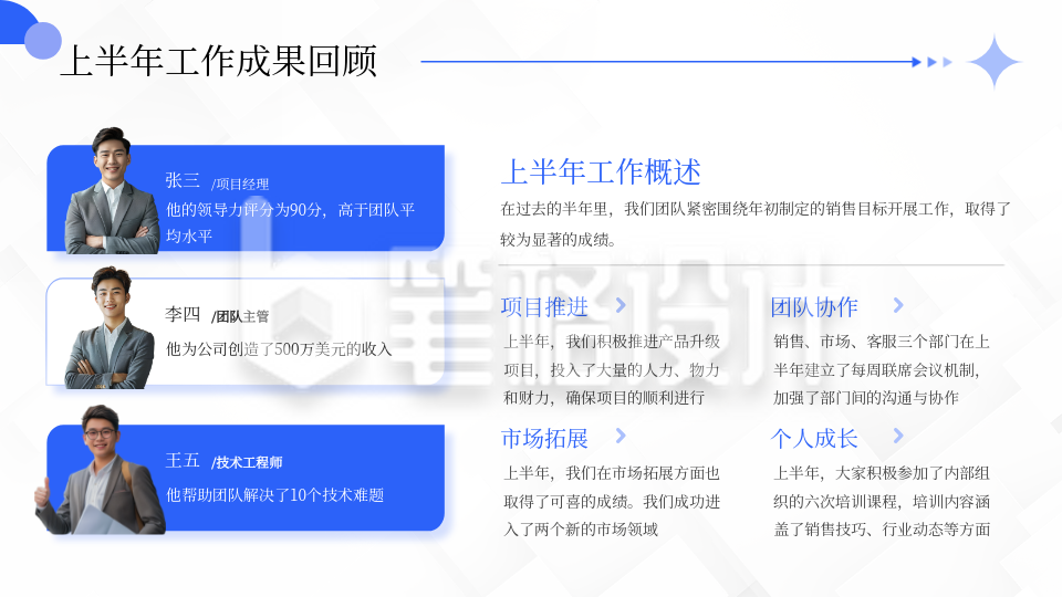工作总结汇报蓝色商务风内容要点PPT单页