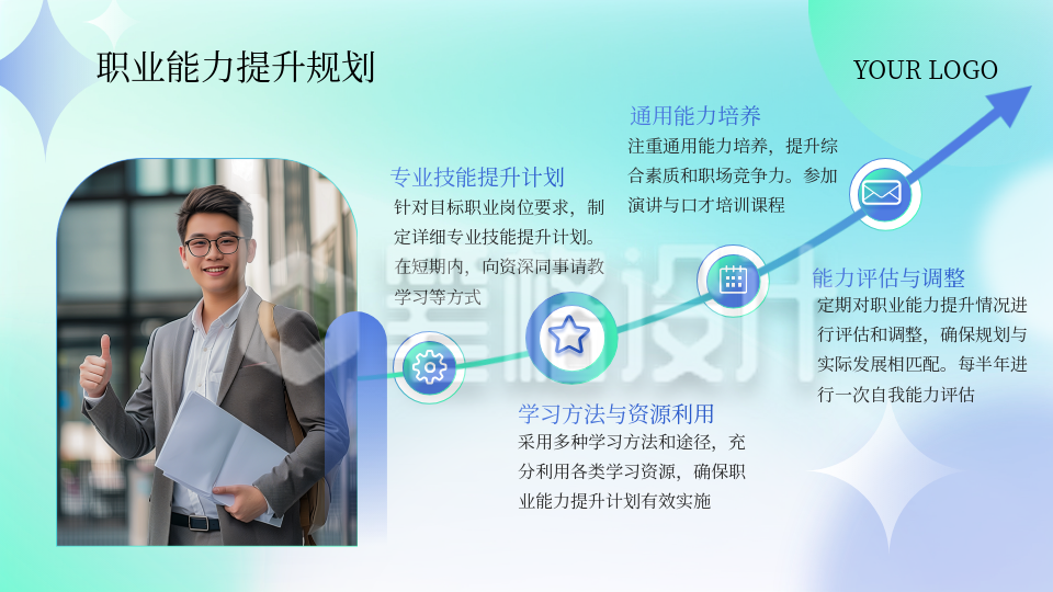 工作汇报蓝绿色弥散风图文排版PPT单页