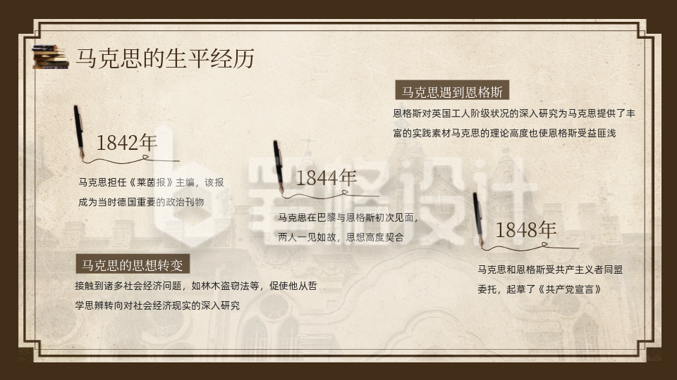 名人介绍棕色复古风关系图PPT单页