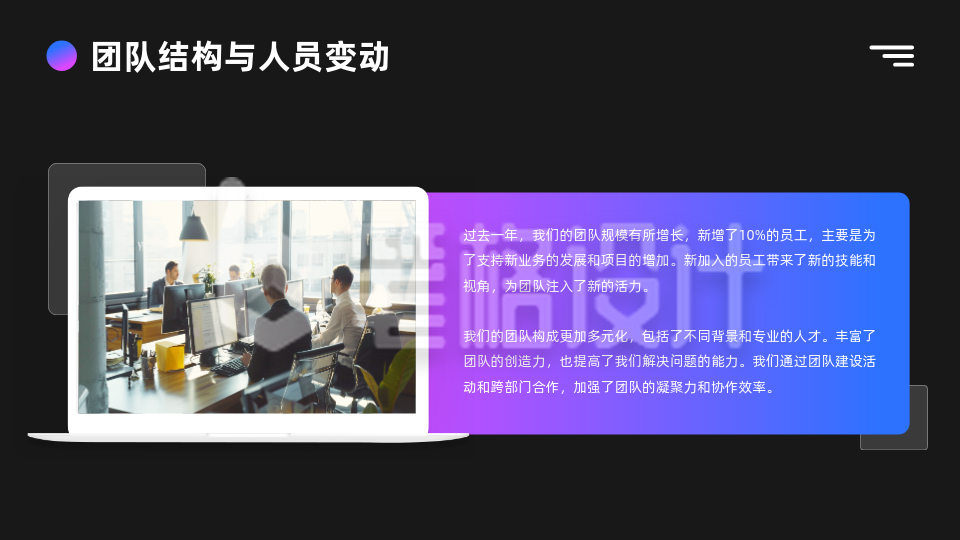 3D磨砂玻璃风部门年终总结图文排版PPT单页