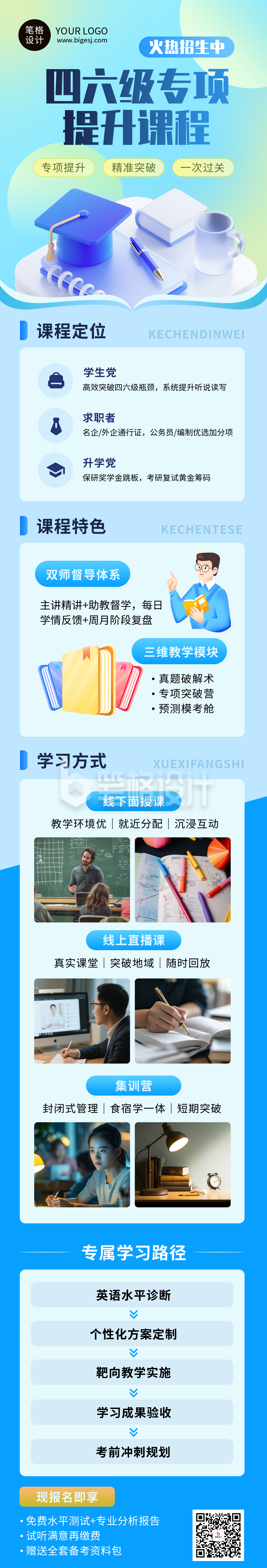 蓝色简约四六级培训班招生公众号长图