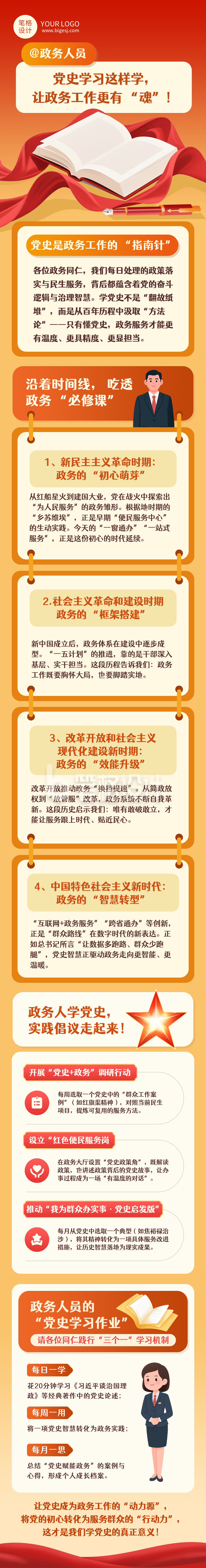 红色插画风党史学习指南公众号长图