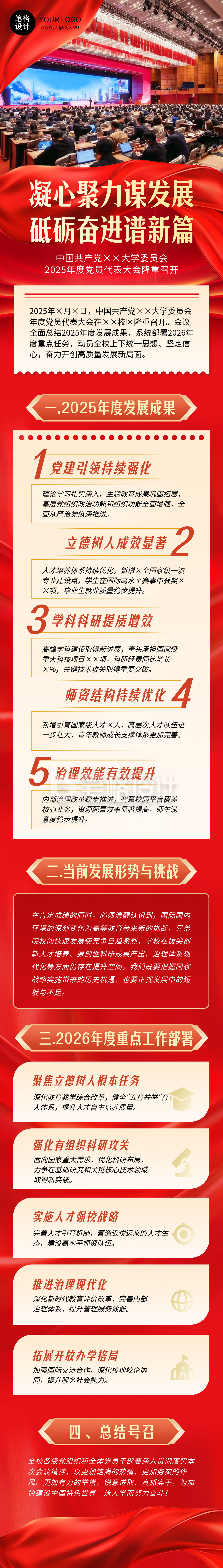 党建工作总结与部署红色简约公众号长图