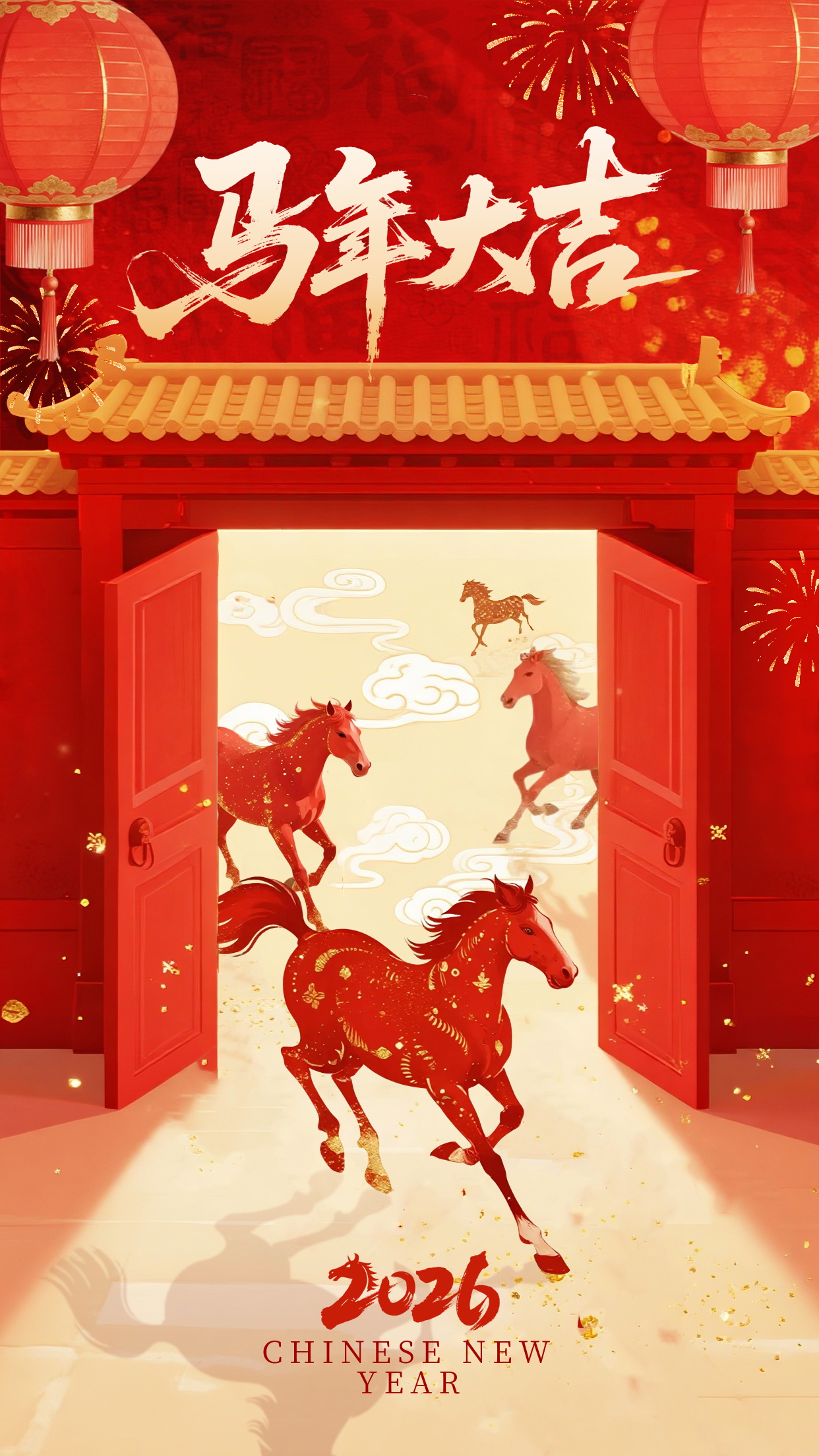 红黄色手绘马年祝福海报