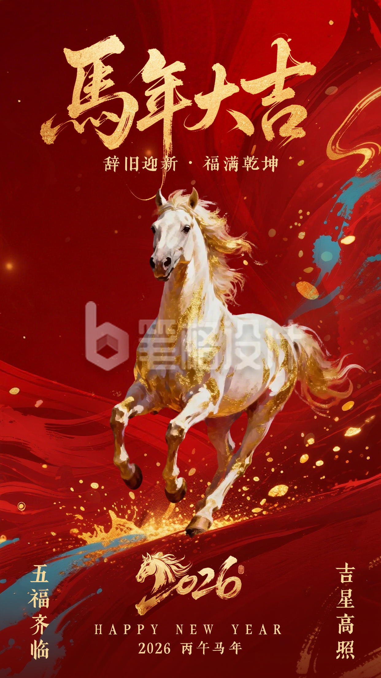 大气泼墨鎏金马年春节祝福海报
