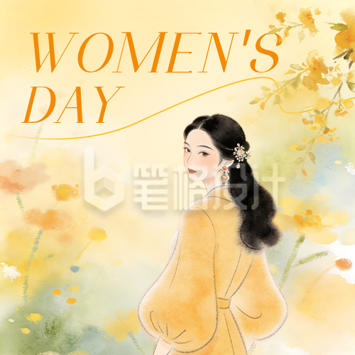 妇女节手绘水彩风祝福方形海报