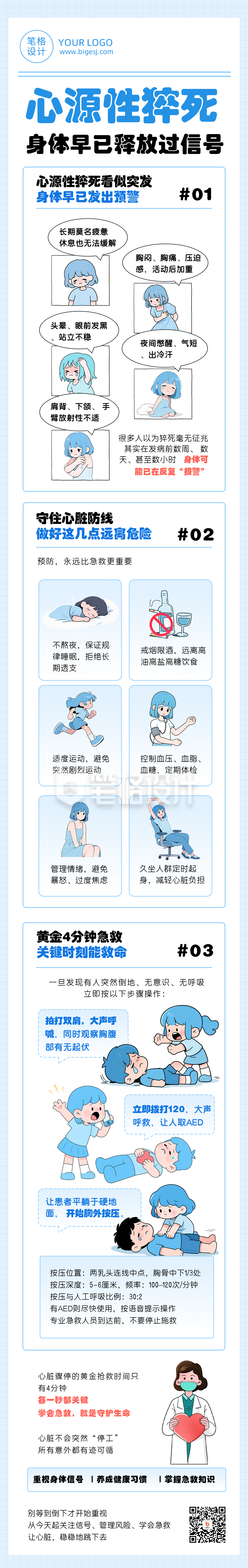 心源性猝死漫画风卡通蓝色公众号长图