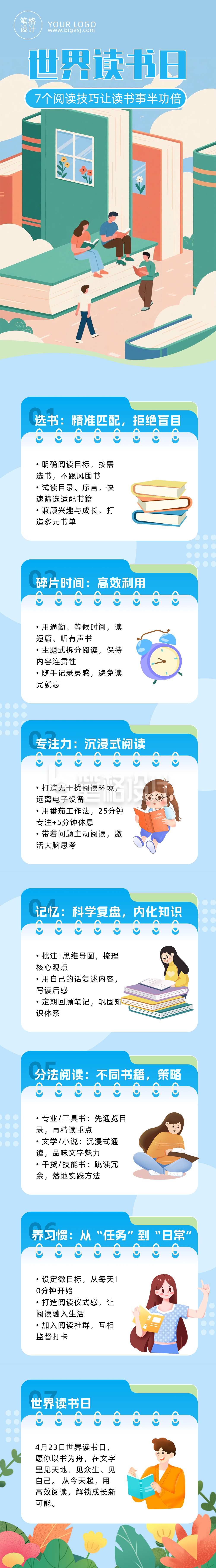 阅读技巧分享蓝色公众号长图