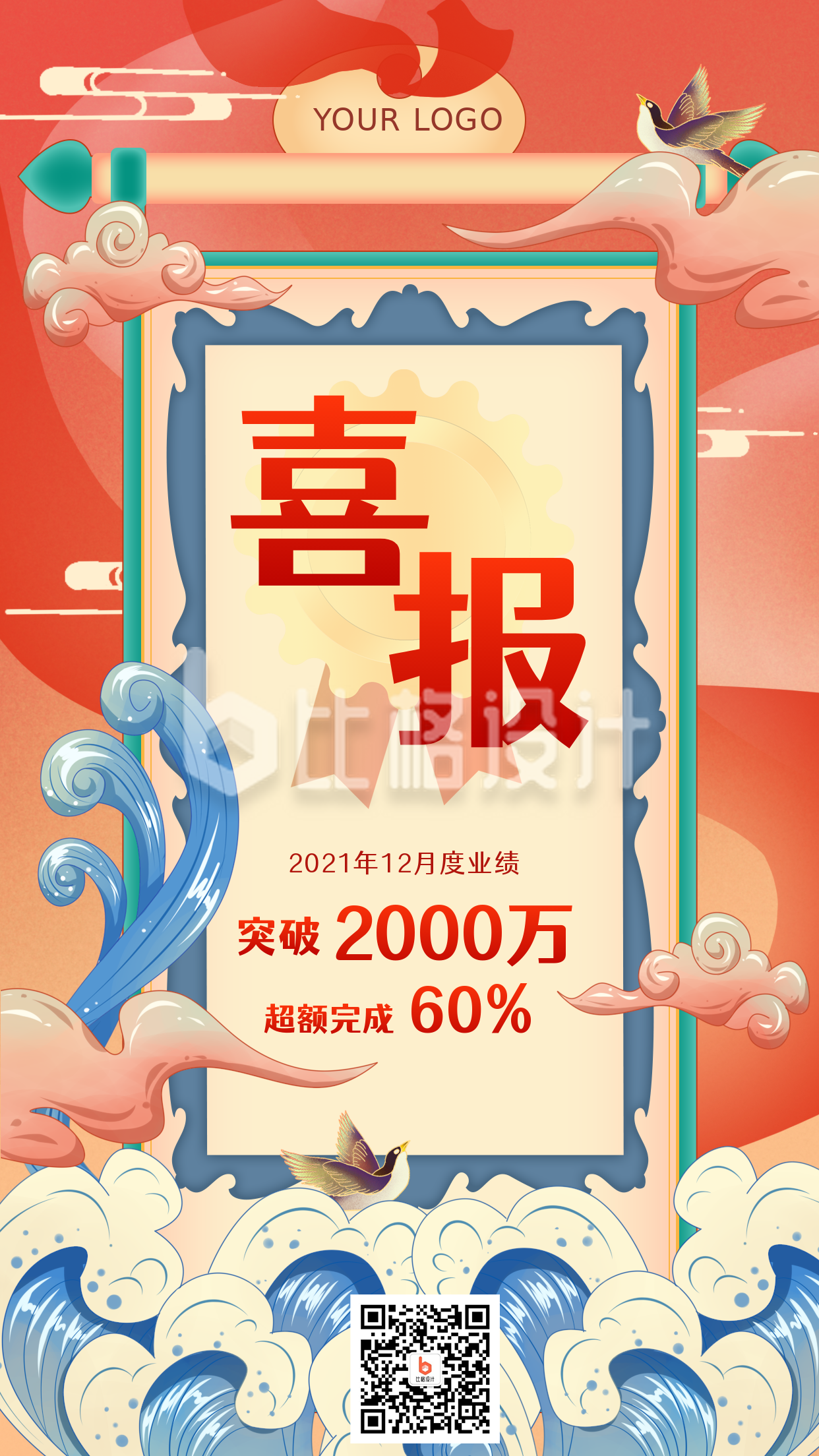 红色手绘中国风表彰大会活动喜报手机海报