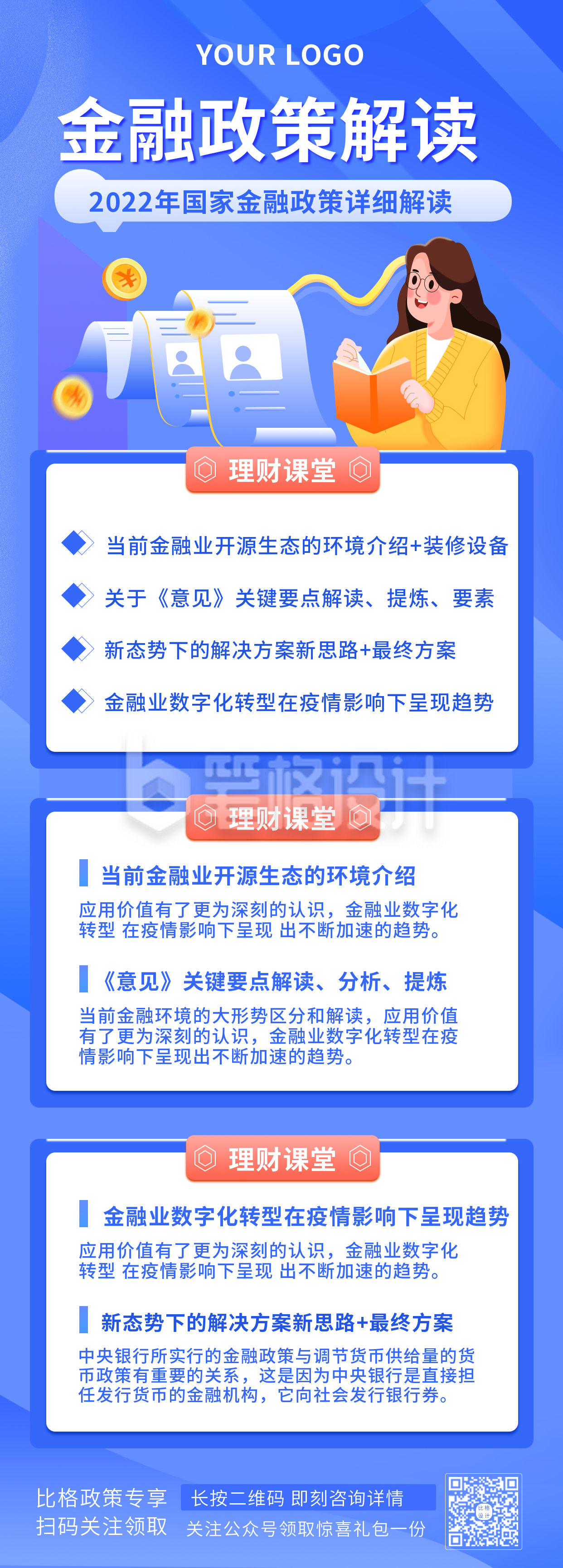 蓝色金融政策解读注意事项指南手绘女孩长图海报