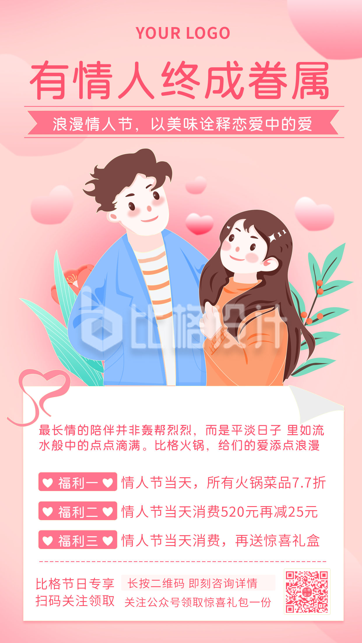 情人节火锅店促销活动手绘情侣手机海报