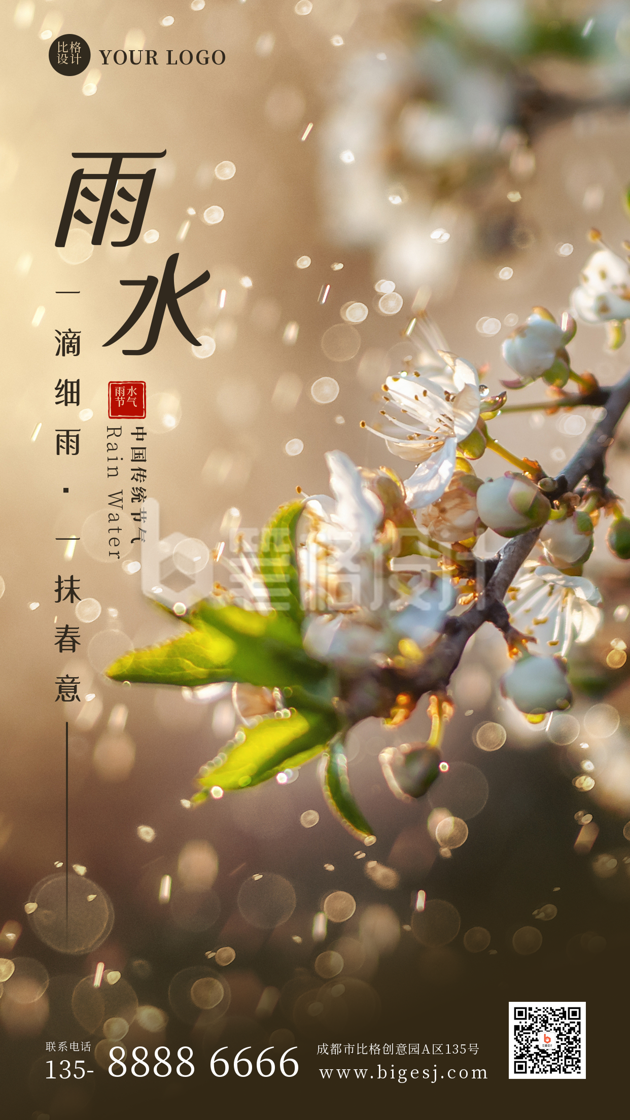 二十四节气雨水简约实景花朵黄色手机海报