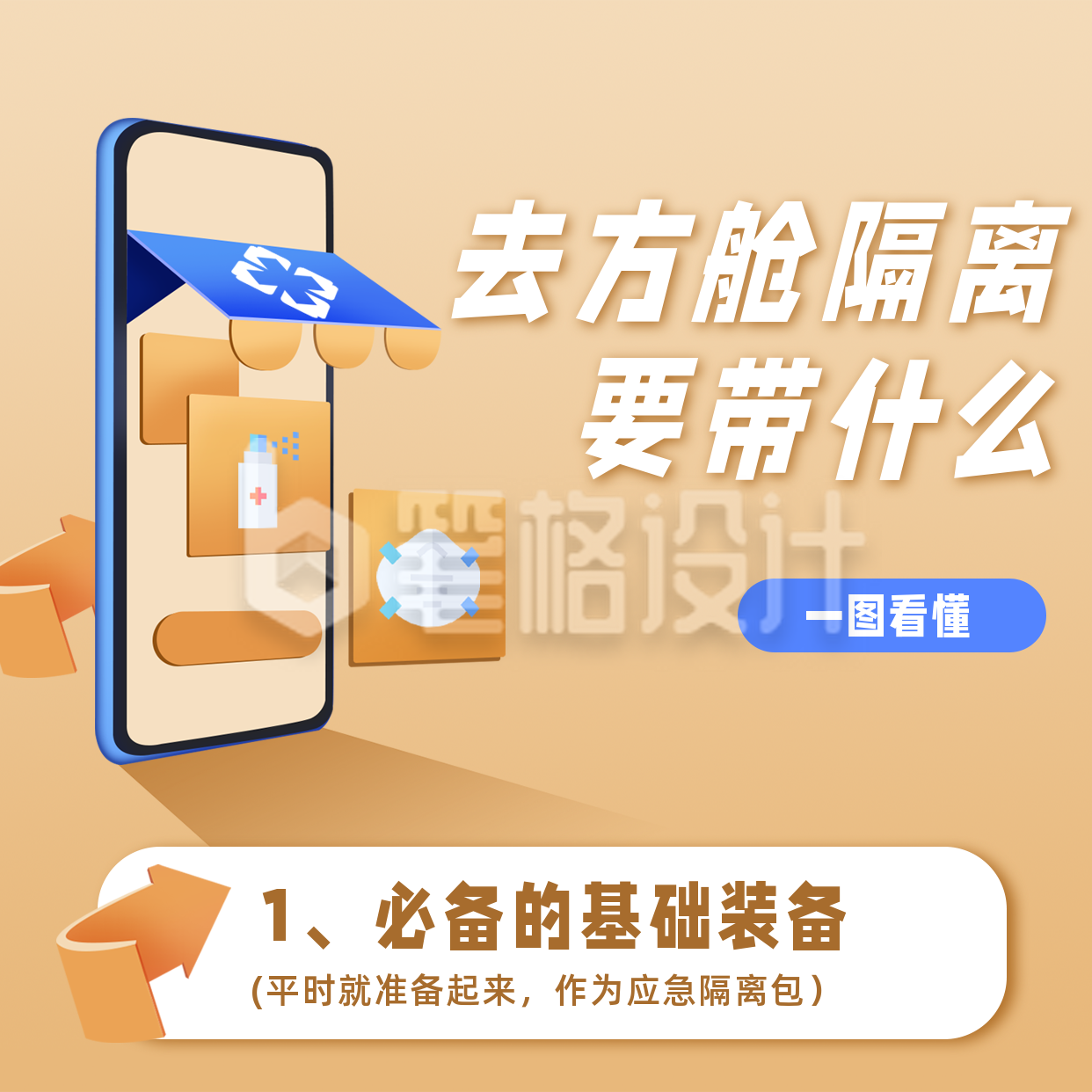 简约防疫方舱隔离物资清单推荐方形海报 简约防疫方舱隔离物资清单推荐方形海报