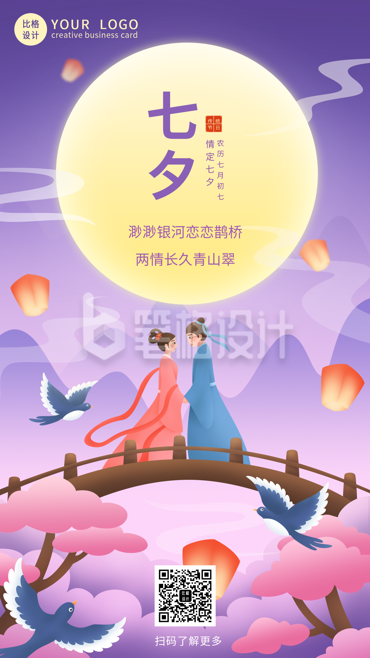 唯美星河七夕牛郎织女鹊桥手绘手机海报