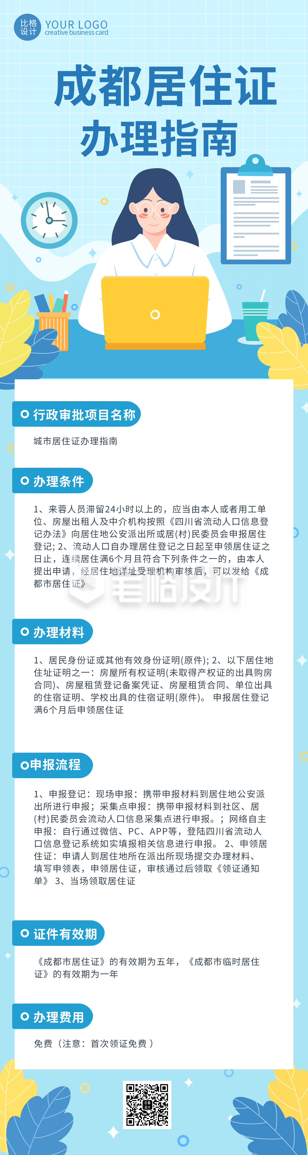 蓝色手绘风可爱成都居住证长图海报