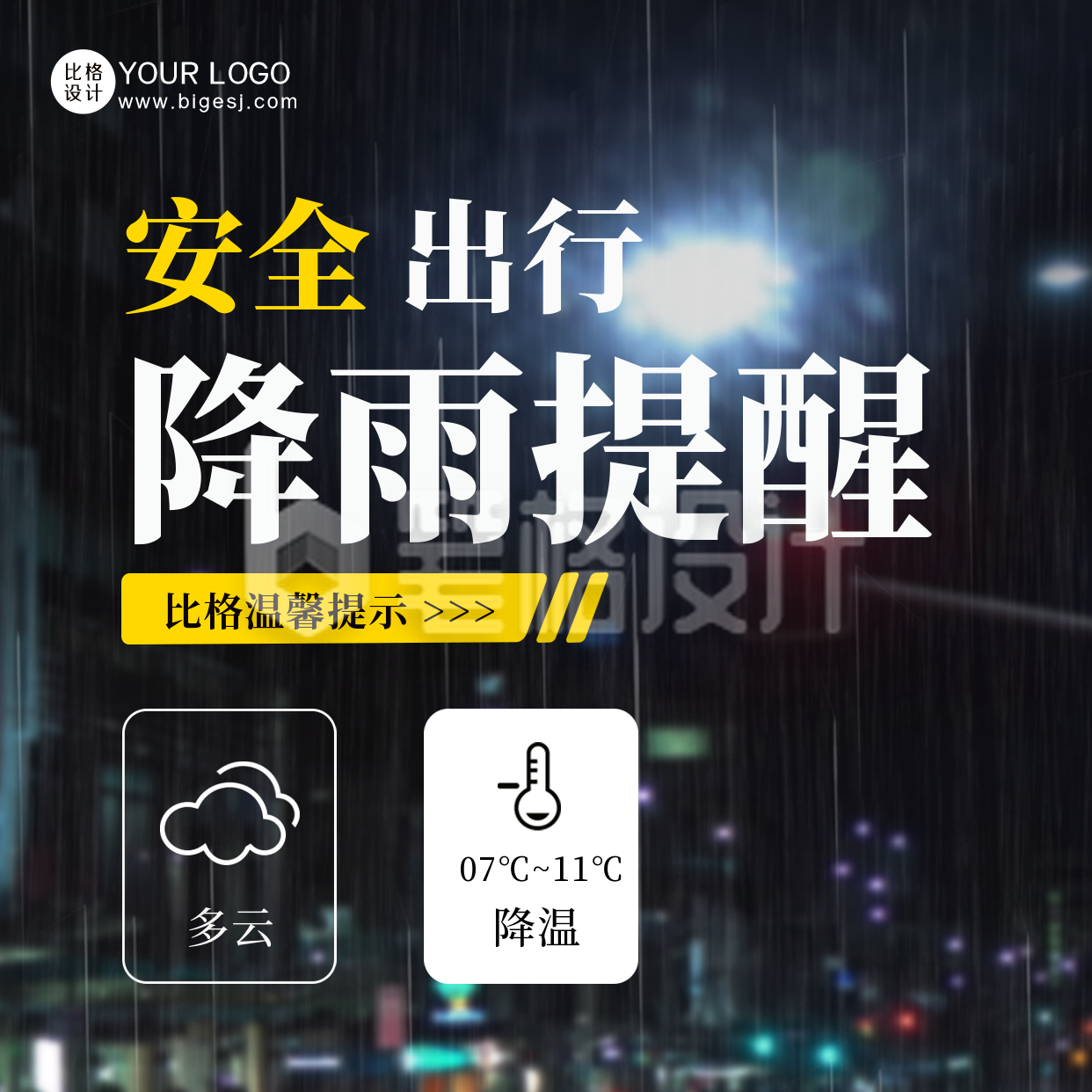 天气降雨注意事项提醒方形海报