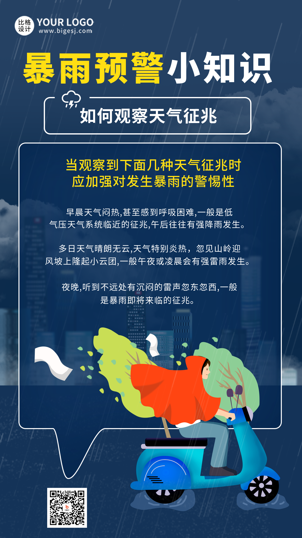 蓝色简约风天气类暴雨预警手机海报