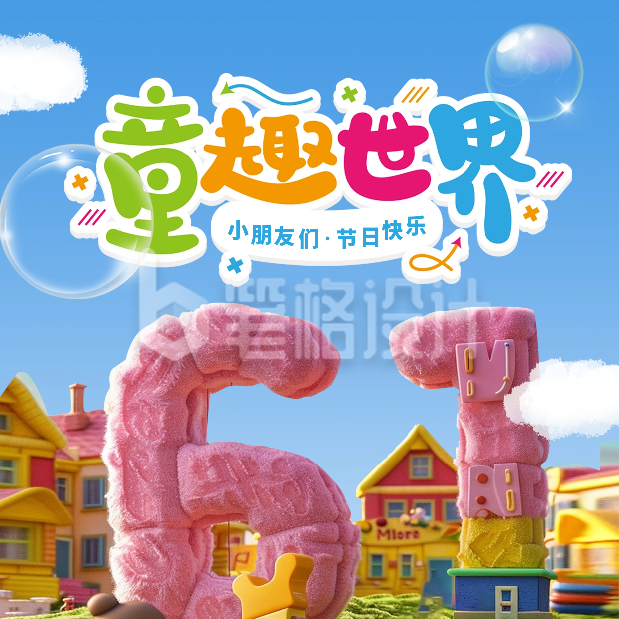 儿童节3D立体祝福方形海报 儿童节3D立体祝福方形海报