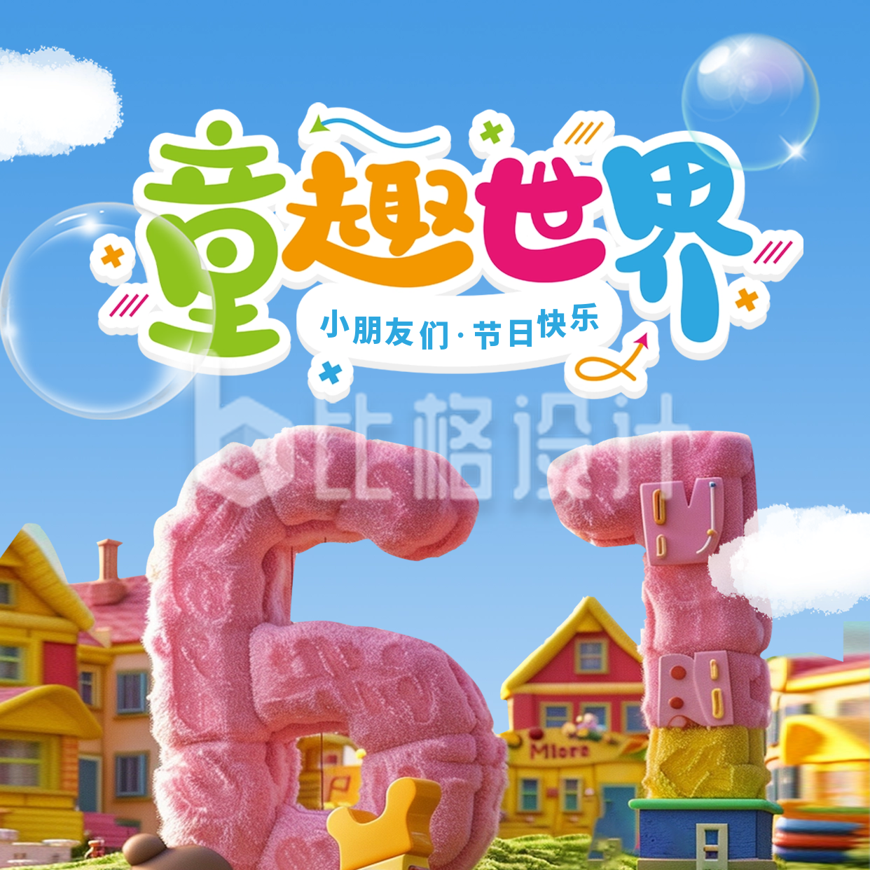 儿童节3D立体祝福方形海报