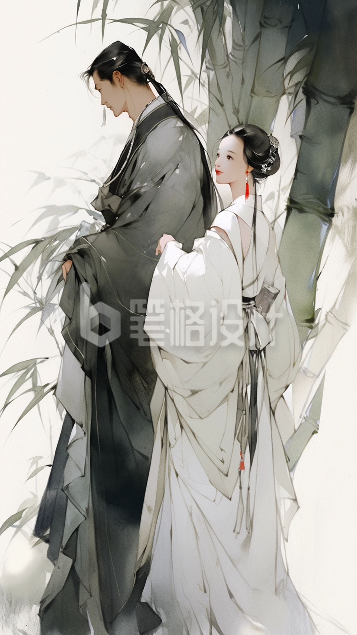 绿色中国风人物插画手机壁纸