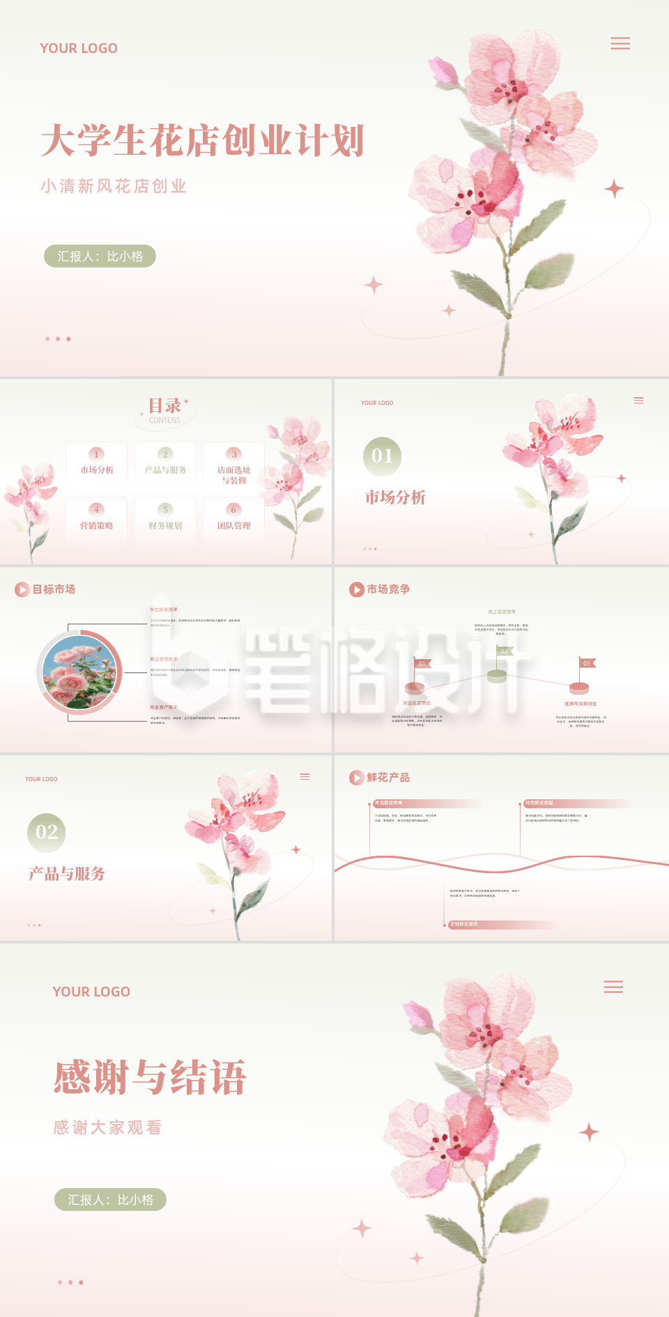 水粉小清新大学生花店创业计划PPT