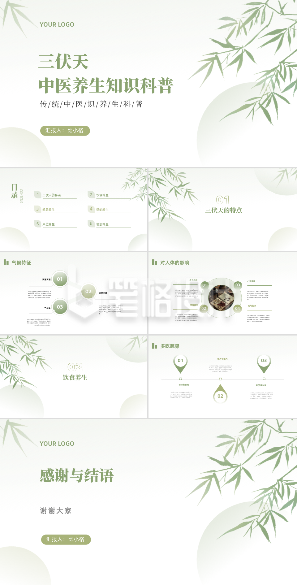 绿竹清新中国风三伏天中医养生知识科普PPT