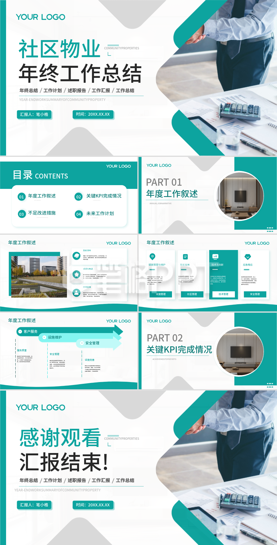 绿色商务风社区物业年终工作总结PPT