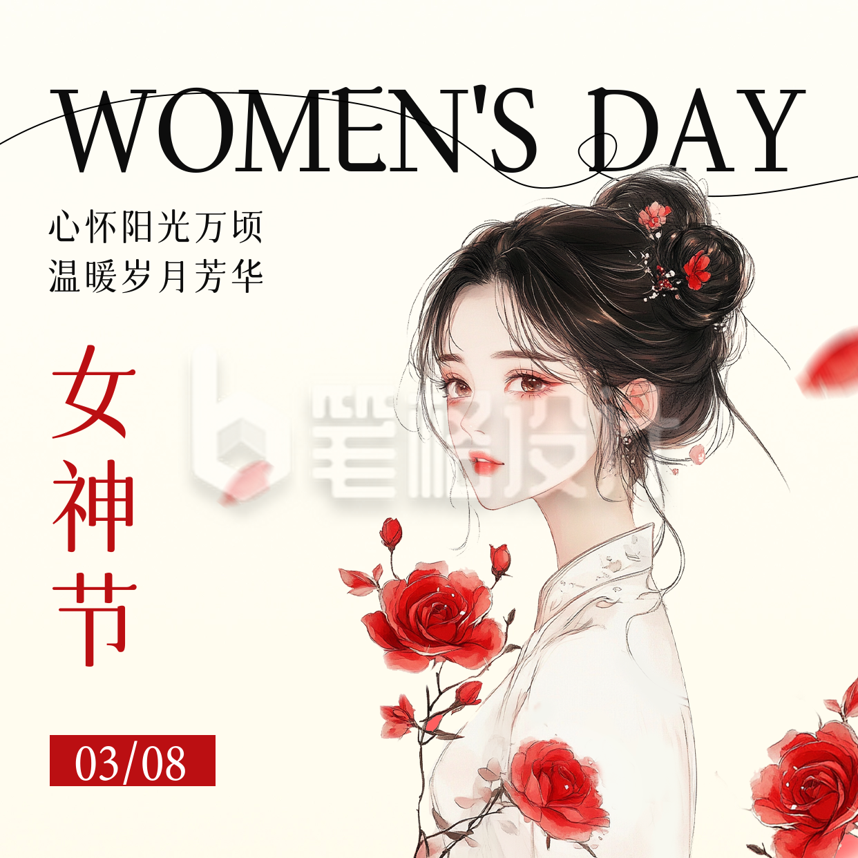 妇女节古风祝福方形海报