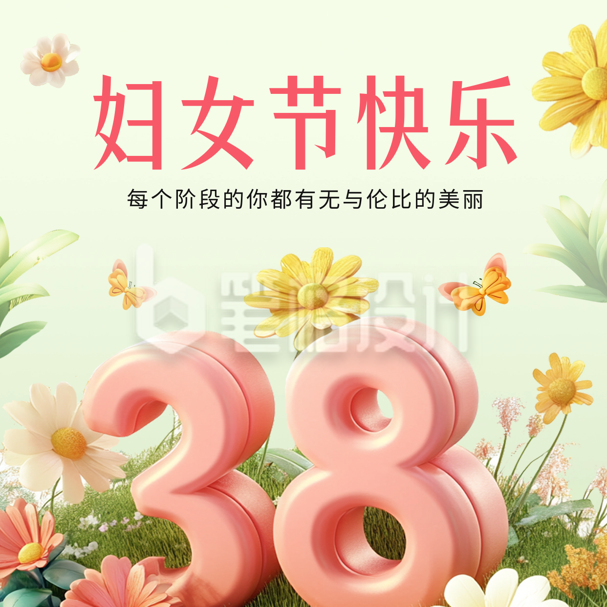 妇女节祝福3D风方形海报