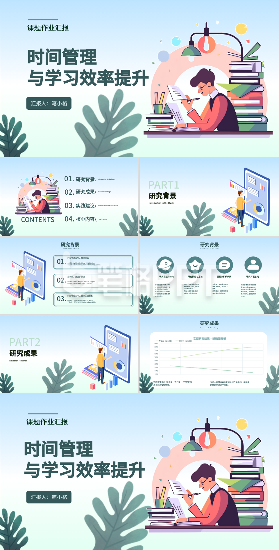 蓝绿色学术风时间管理与学习效率提升大学课题汇报PPT模板