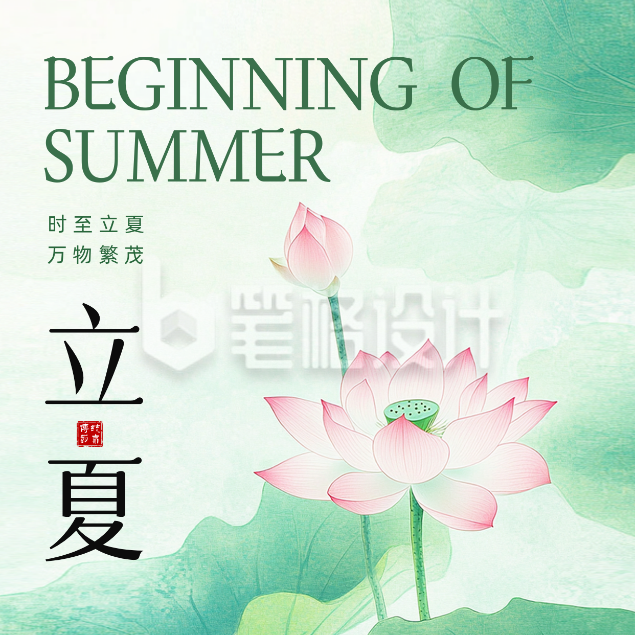 立夏手绘荷花祝福方形海报