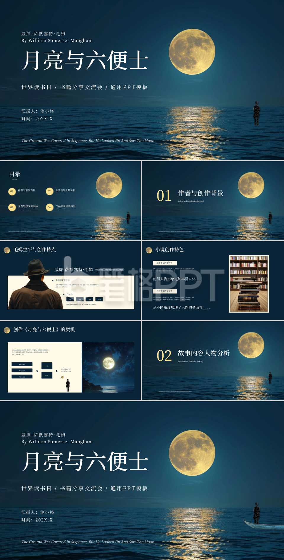 蓝色简约风月亮与六便士书籍推荐PPT模板