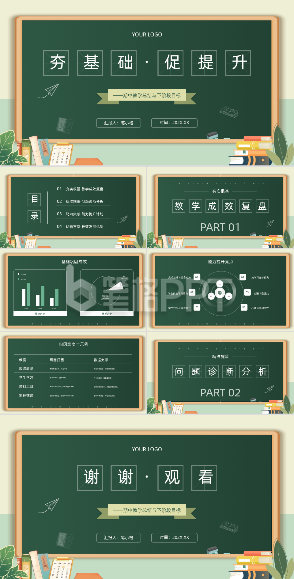 绿色卡通风期中教学总结PPT