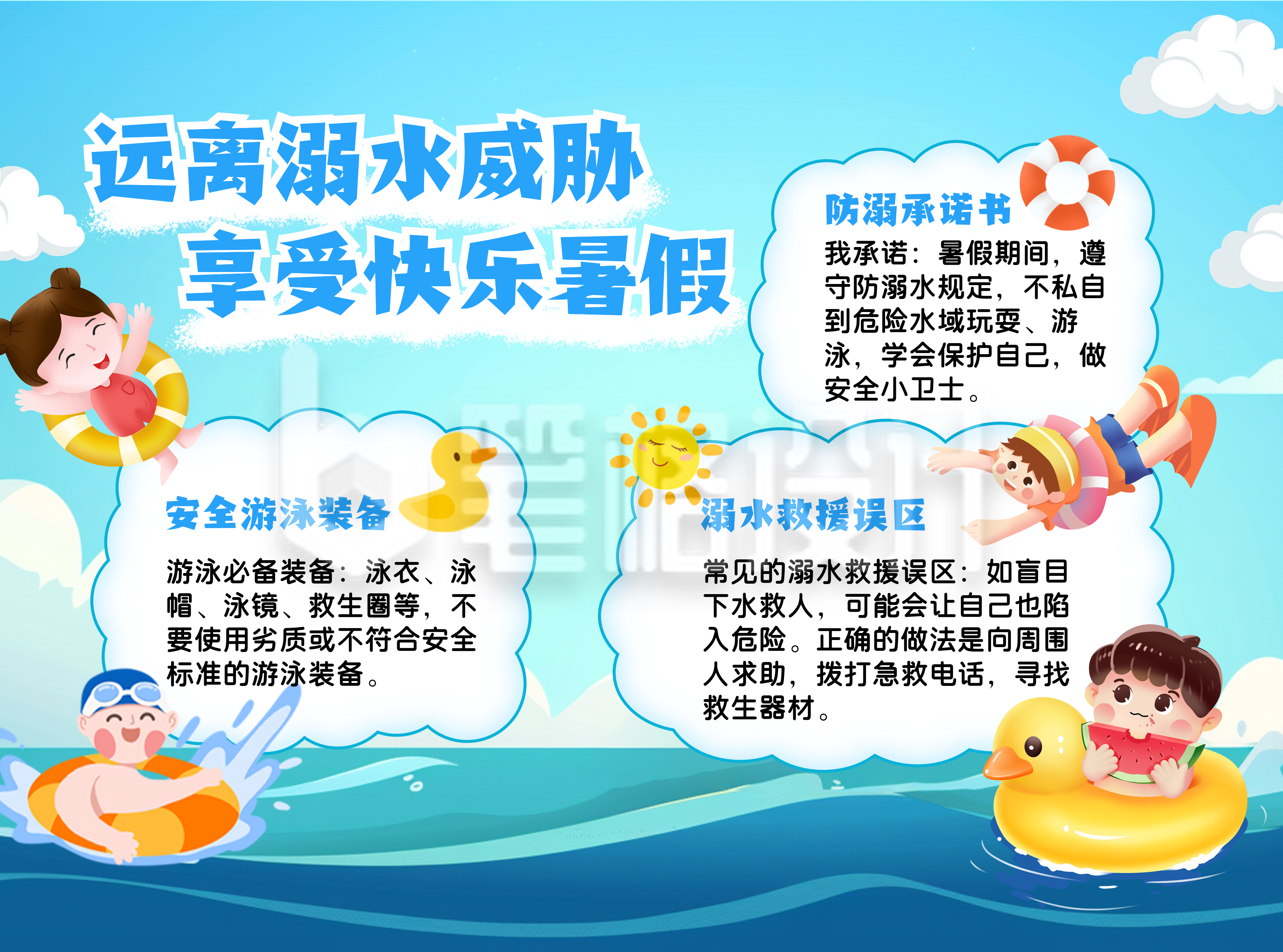 安全教育防溺水知识科普蓝色卡通手抄报
