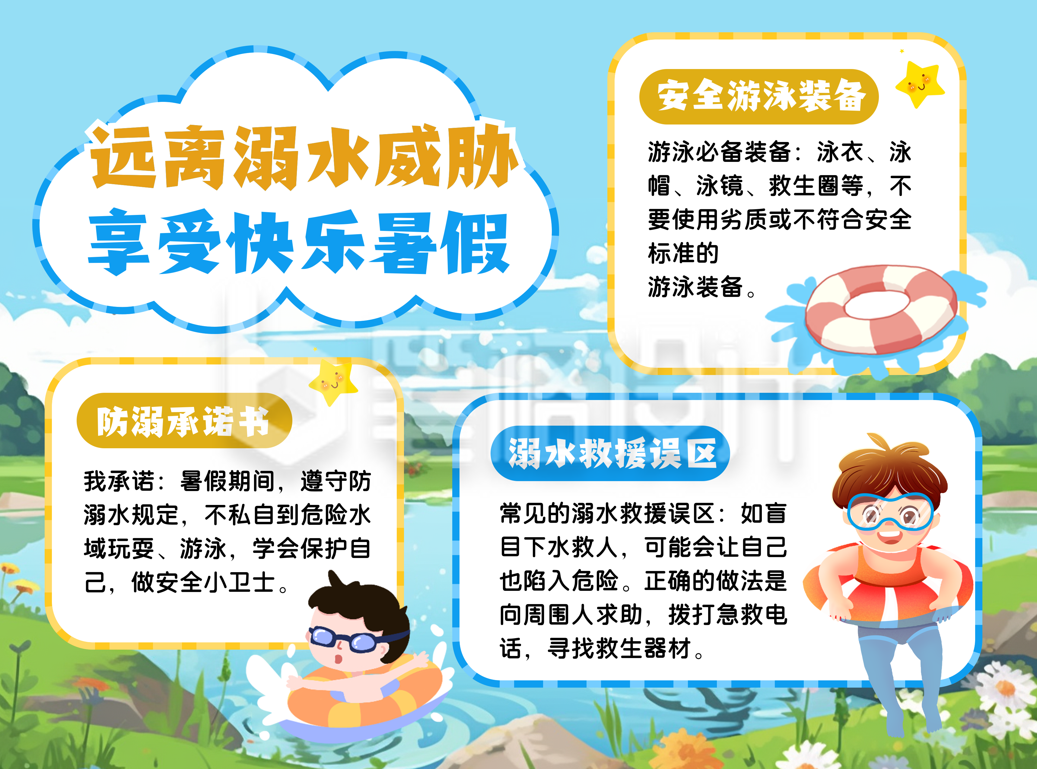 安全教育防溺水知识科普蓝色卡通手抄报 安全教育防溺水知识科普蓝色卡通手抄报