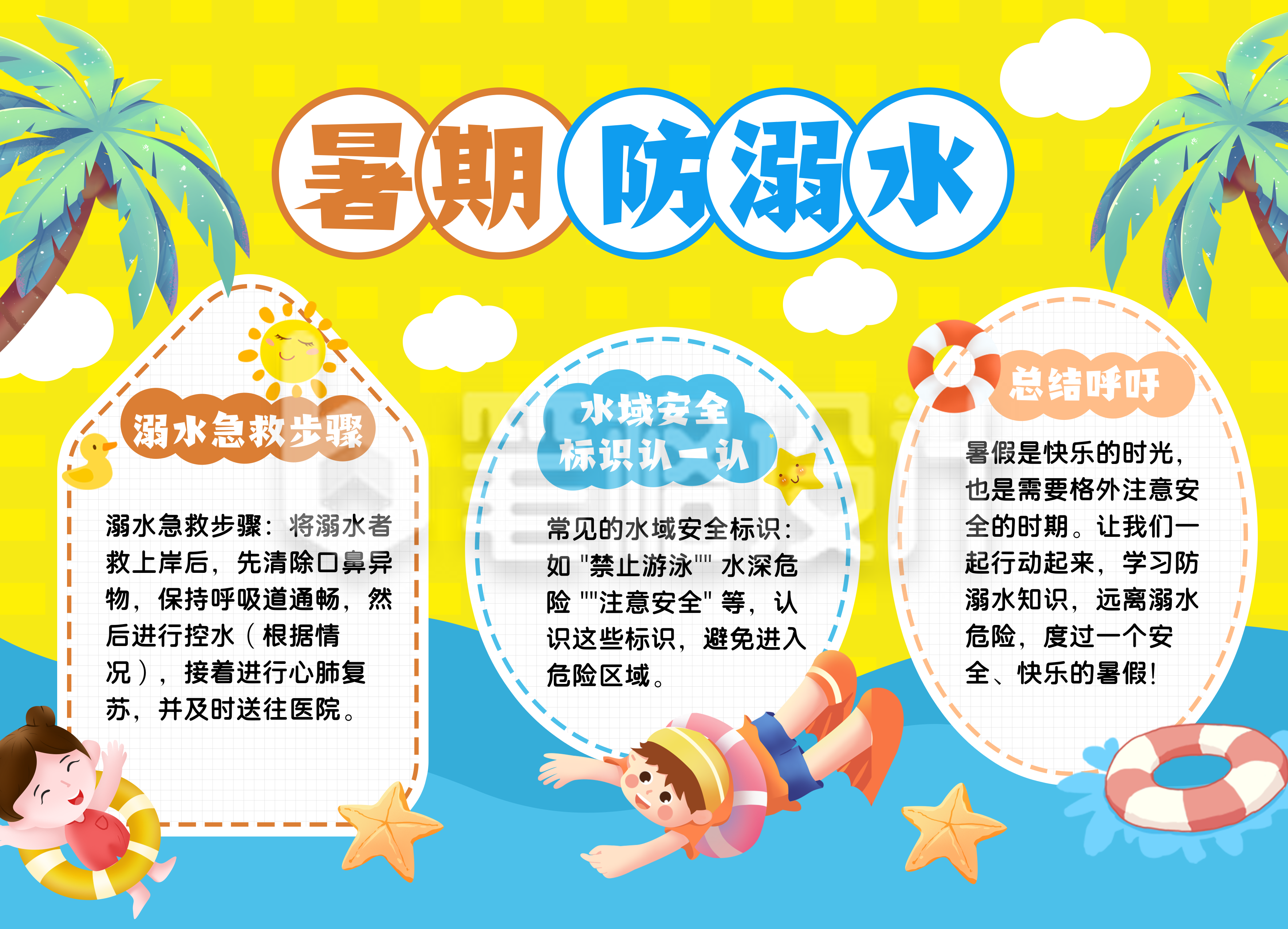 安全教育防溺水知识科普蓝色卡通手抄报