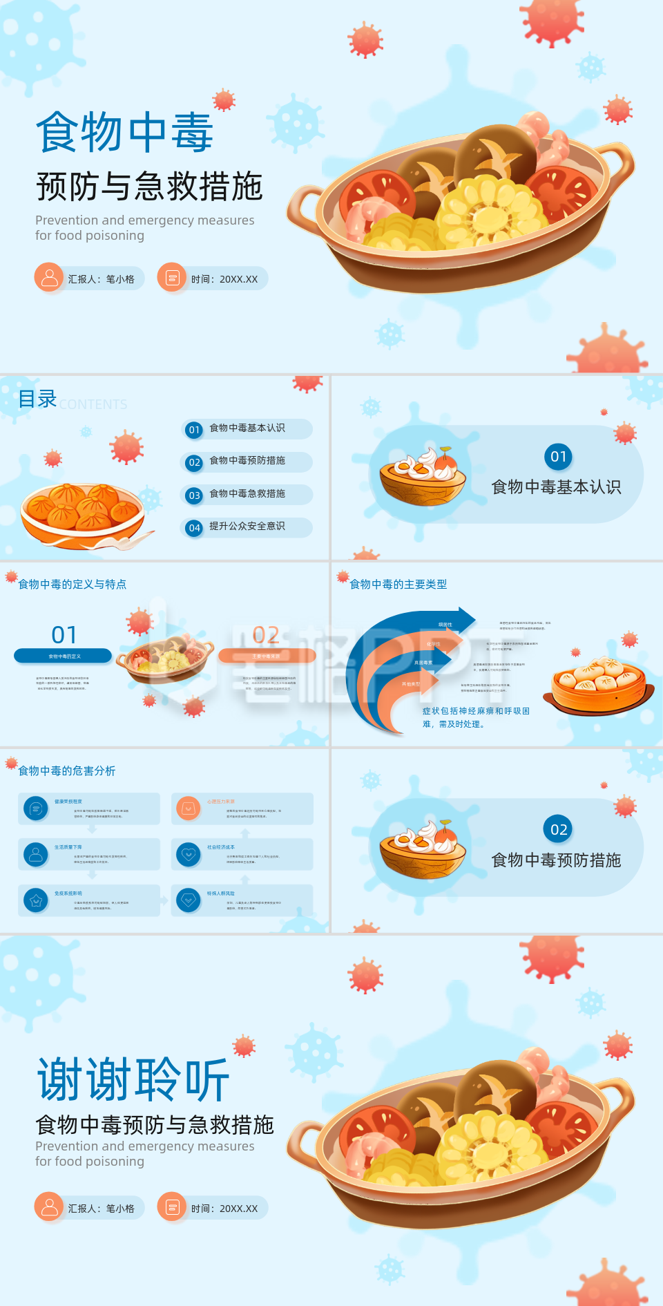 蓝色插画风食物中毒预防与急救措施PPT