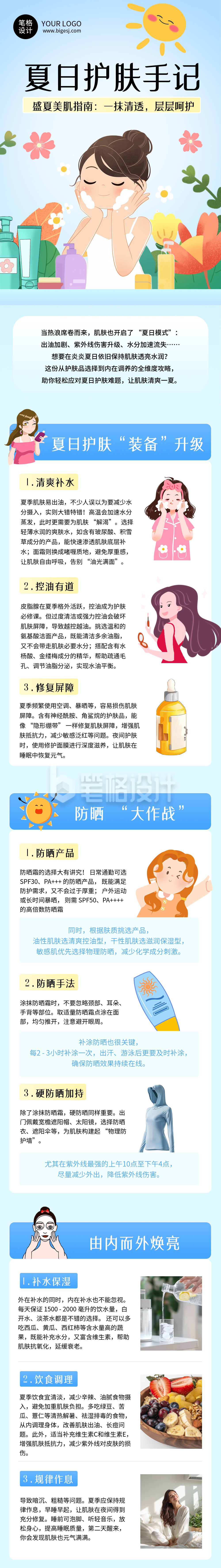 夏季护肤知识科普蓝色简约公众号长图 夏季护肤知识科普蓝色简约公众号长图