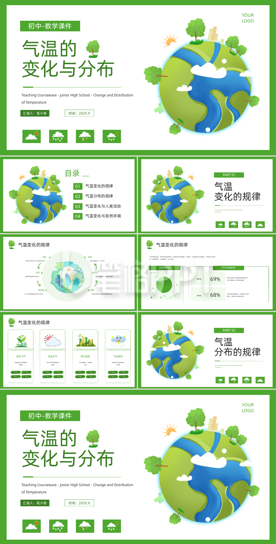 绿色插画风气温的变化与分布PPT模板